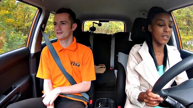 Ebony driving student fucked outdoors in car by tutor