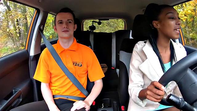 Ebony driving student fucked outdoors in car by tutor