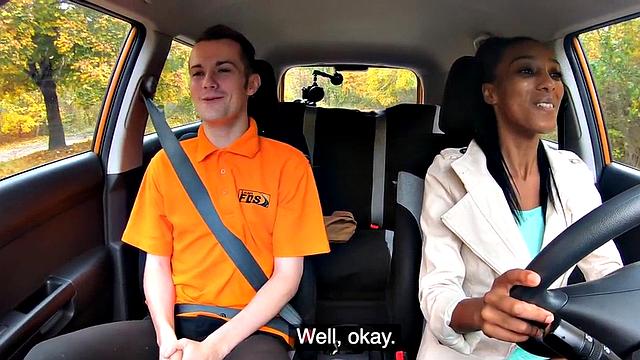 Ebony driving student fucked outdoors in car by tutor