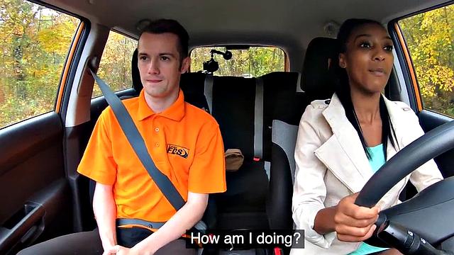 Ebony driving student fucked outdoors in car by tutor