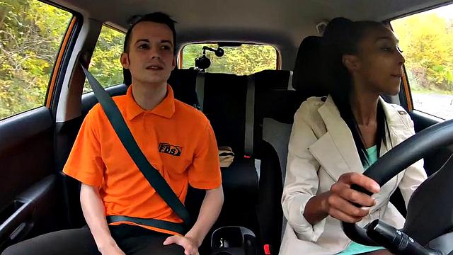 Ebony driving student fucked outdoors in car by tutor