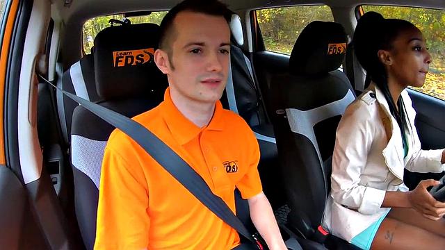 Ebony driving student fucked outdoors in car by tutor