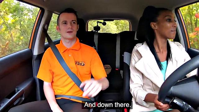 Ebony driving student fucked outdoors in car by tutor