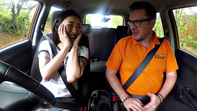 Naughty Asian teen with glasses gets her tight pussy drilled by her instructor in car