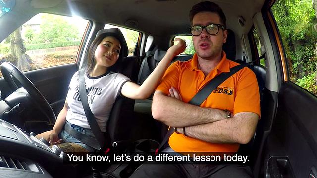 Naughty Asian teen with glasses gets her tight pussy drilled by her instructor in car