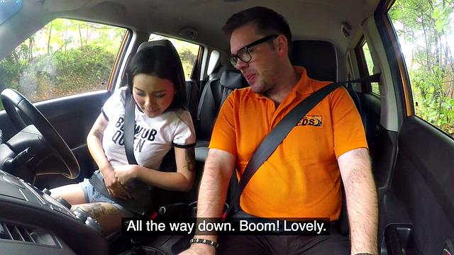 Naughty Asian teen with glasses gets her tight pussy drilled by her instructor in car