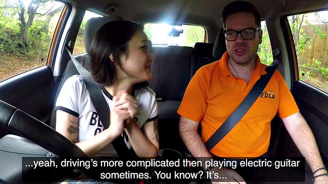 Naughty Asian teen with glasses gets her tight pussy drilled by her instructor in car