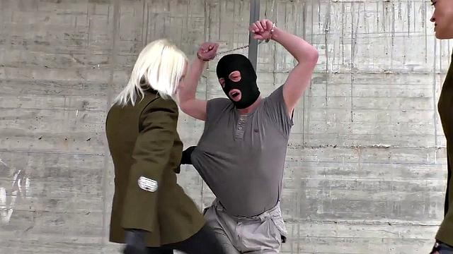 Army CFNM femdoms enjoy outdoor BDSM ballbusting of the sub