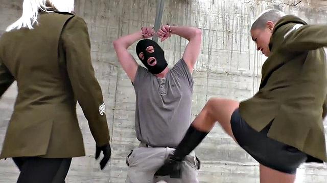 Army CFNM femdoms enjoy outdoor BDSM ballbusting of the sub