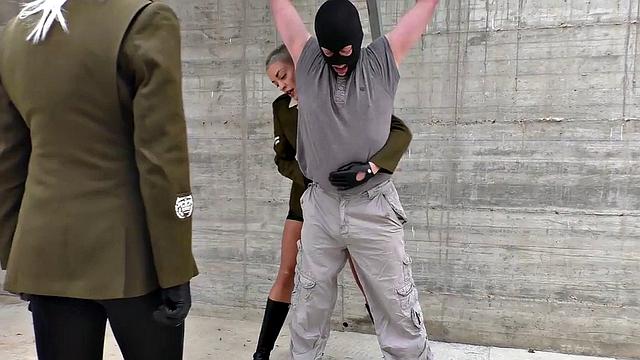 Army CFNM femdoms enjoy outdoor BDSM ballbusting of the sub