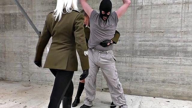 Army CFNM femdoms enjoy outdoor BDSM ballbusting of the sub