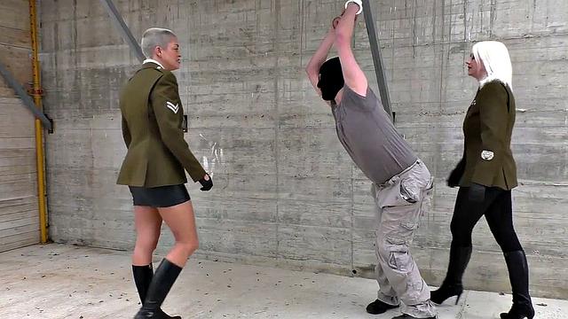Army CFNM femdoms enjoy outdoor BDSM ballbusting of the sub