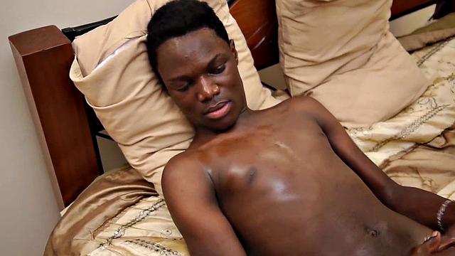 African skinny twink enjoys solo time and jerks oiled dick