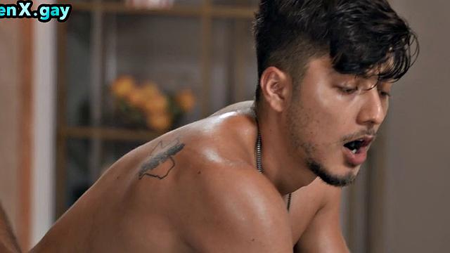 Tattooed manly jock enjoys anal with dildo loving stud