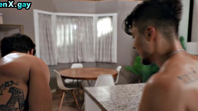 Tattooed manly jock enjoys anal with dildo loving stud