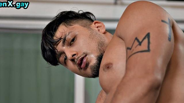 Tattooed manly jock enjoys anal with dildo loving stud