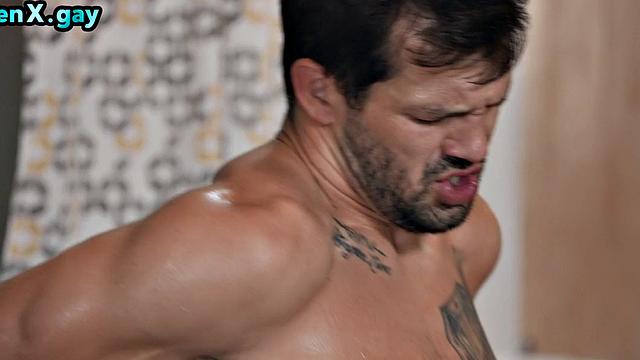 Tattooed manly jock enjoys anal with dildo loving stud