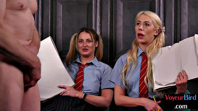Naughty voyeur blondes teasing old dude