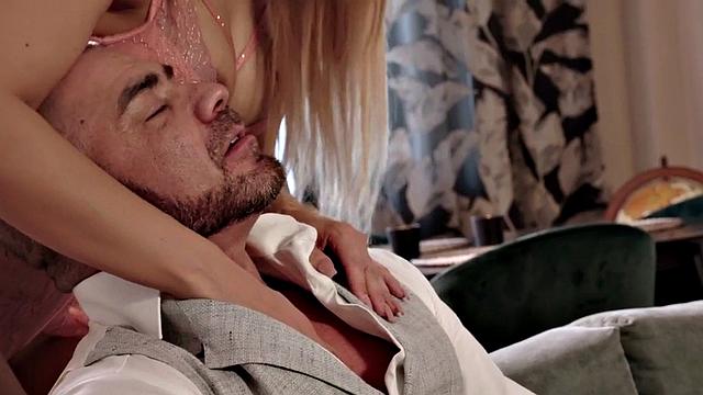 Busty lingerie MILF sucks and rides hard cock of her partner