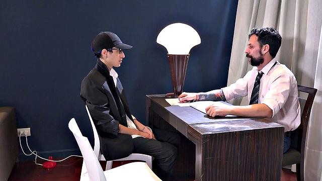 Dominant gaydaddy fucks skinny twinks asshole in office