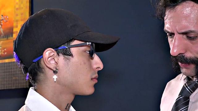 Dominant gaydaddy fucks skinny twinks asshole in office