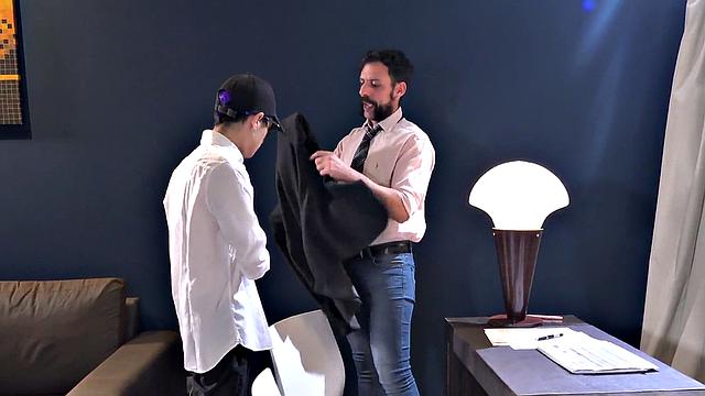 Dominant gaydaddy fucks skinny twinks asshole in office