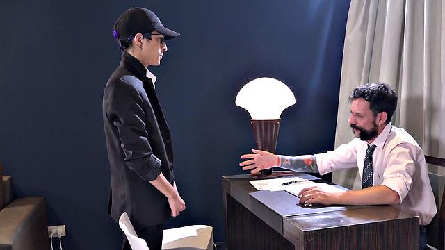 Dominant gaydaddy fucks skinny twinks asshole in office