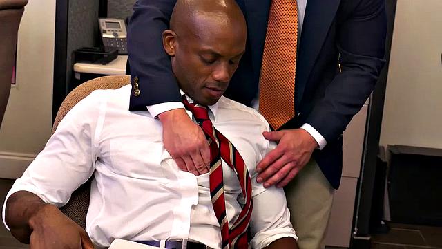 Watch this hot interracial office guy deepthroat and pound BBC guy's shaved black ass in the toilet