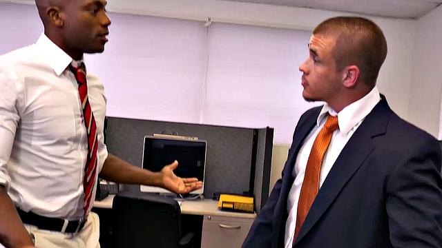 Watch this hot interracial office guy deepthroat and pound BBC guy's shaved black ass in the toilet