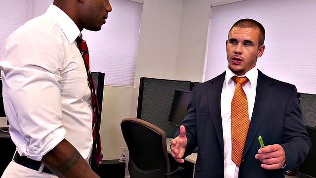 Watch this hot interracial office guy deepthroat and pound BBC guy's shaved black ass in the toilet