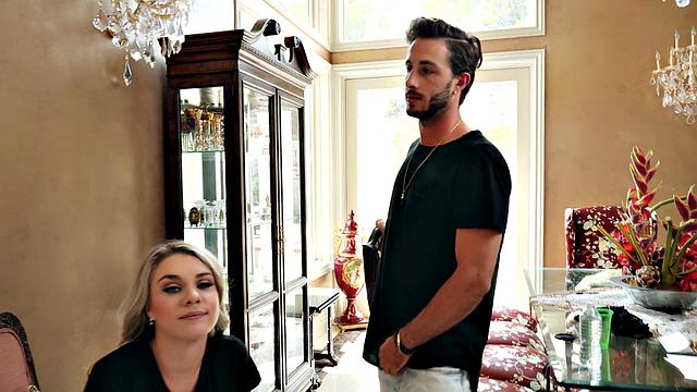 Blonde bombshell gives titjob & fucks hard in living room