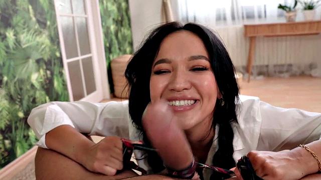 Kinky tattooed brunette student gives head before riding in POV with a uniformed dude