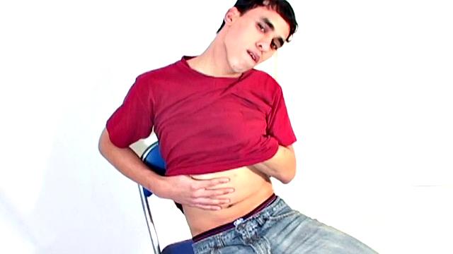 Seated in the studio, Latin boyJuanjose slowly strips down to his nderwear. Then he pulls out his uncut cock and starts working on a stiff one. Once boned up, the slim and smooth boy slips off his undies and fingers his hole.