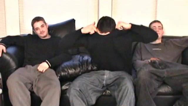 Bradley and Ryan are hanging out when Nate joins them on the sofa. Soon they're all watching porn, with their hands down their pants, and making jokes about the movie.