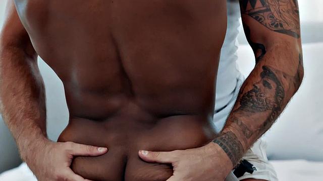 Gay tattooed hunk rims and bangs ebony BF on the bed