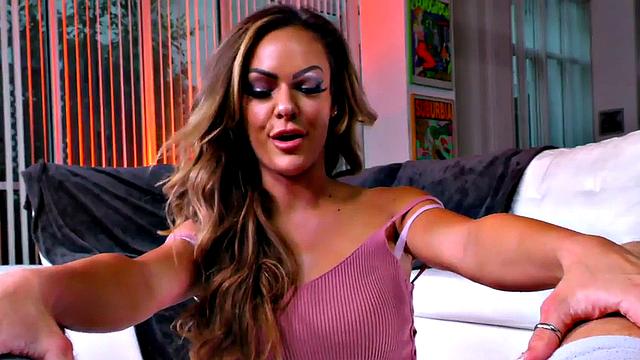 Pretty brunette babe oils up and wanks big shaft in POV