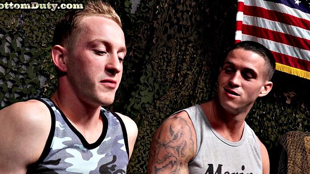 Military top fucks and jizzes on bottom after casting duty