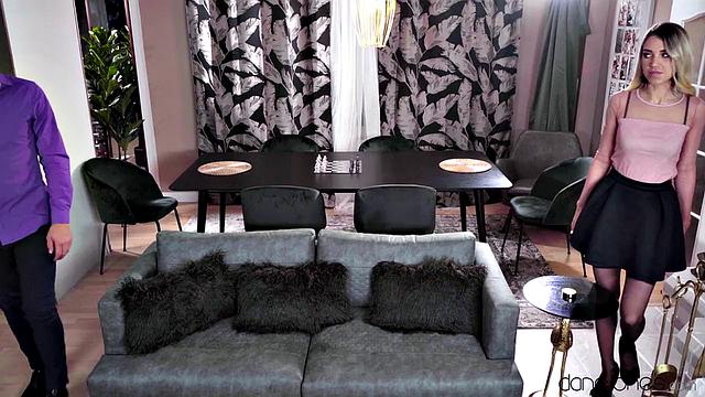 Blonde Russian in black stockings