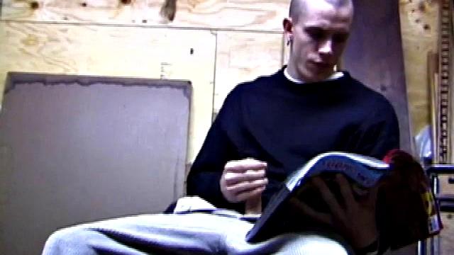 Returning home from work, Shane grabs a porn magazine and heads for the garage. There, he strokes his hard cock, while eating his pre-cum, and then pumps onto his belly.