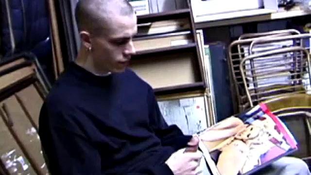 Returning home from work, Shane grabs a porn magazine and heads for the garage. There, he strokes his hard cock, while eating his pre-cum, and then pumps onto his belly.