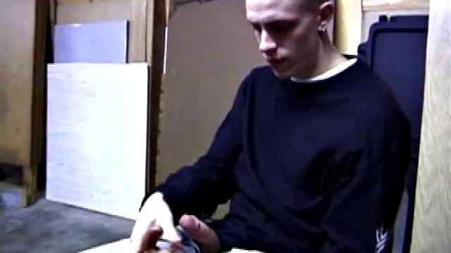 Returning home from work, Shane grabs a porn magazine and heads for the garage. There, he strokes his hard cock, while eating his pre-cum, and then pumps onto his belly.