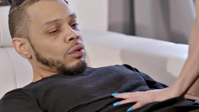 Petite teen's tight pussy pounded on the couch while her cuckold hubby watches in reverse cowgirl position