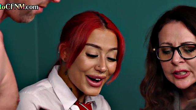 CFNM voyeurs watch 3some college by femdom students