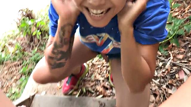 POV Asian fucks Ebony ass outdoor with strapon