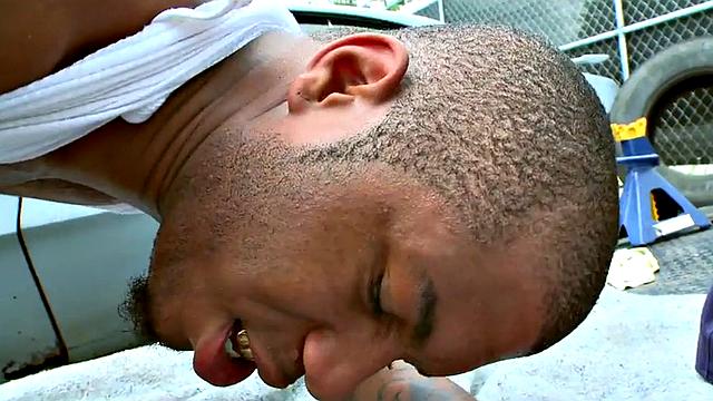 A hot black bottom get pounded outdoors after a steamy interracial blowjob and t-shirt play