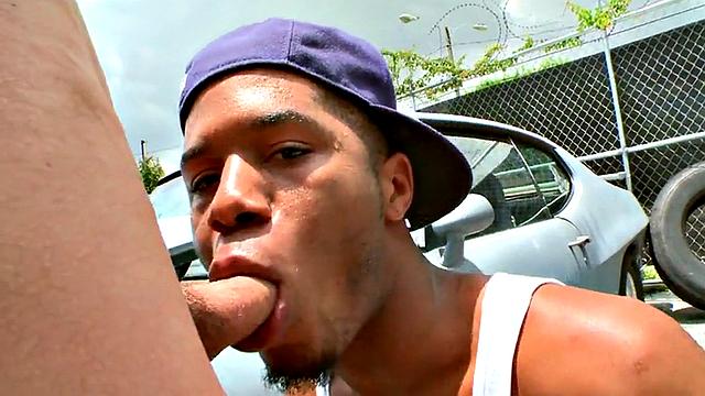 A hot black bottom get pounded outdoors after a steamy interracial blowjob and t-shirt play