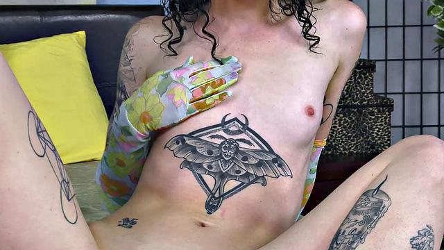 All Natural Goth Lydia Black Strips Lingerie and Plays with Shaved Pussy