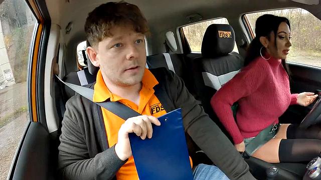 Inked driving babe sucks cock and gets fucked by instructor