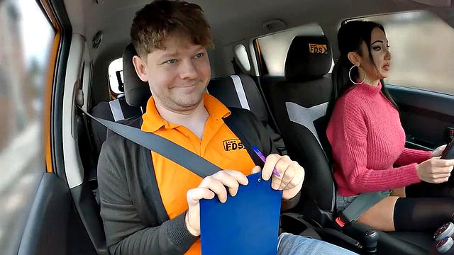 Inked driving babe sucks cock and gets fucked by instructor