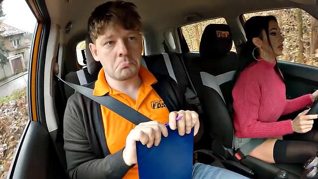 Inked driving babe sucks cock and gets fucked by instructor